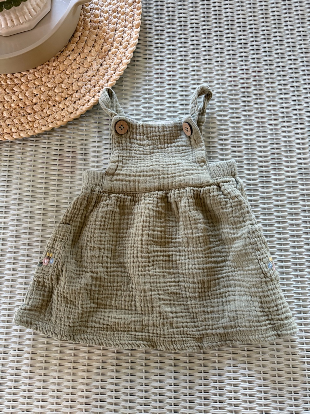 Girls Olive Gauze Pinafore Romper with Button Straps